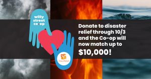 Donate to disaster relief through 10/3/21 and the co-op will now match up to $10k