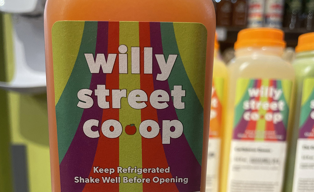 Willy Street Co-op branded juice bottles