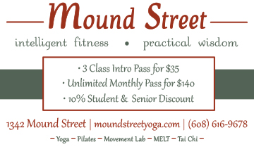 newspaper ad for Mound Street Yoga first appearing in the December 2017 edition of the Willy Street Co-op Reader