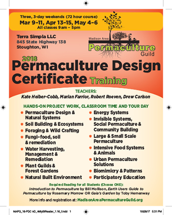 newspaper ad for the 2018 Permaculture Design Certificate Training appearing in the December 2017 edition of the Willy Street Co-op Reader