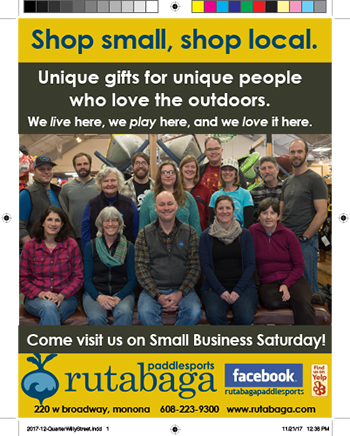 newspaper ad for Rutabaga Paddlesports first appearing in the December 2017 edition of the Willy St Co-op Reader 