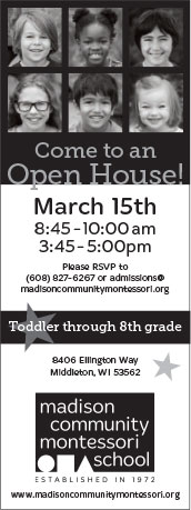 newspaper ad for Madison Community Montessori School advertising an open house on March 15, 2018. Appears in the January 2018 edition of the Willy St Co-op Reader.