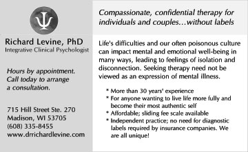 newspaper ad for Richard Levine, PhD Integrative Clinical Psychologist. Compassionate, confidential therapy for individuals and couples ... without labels.