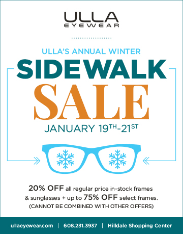 newspaper ad for Ulla Eyewear advertising a Sidewalk Sale from January 19 to 21. Appearing in the January 2018 edition of the Willy St Co-op Reader