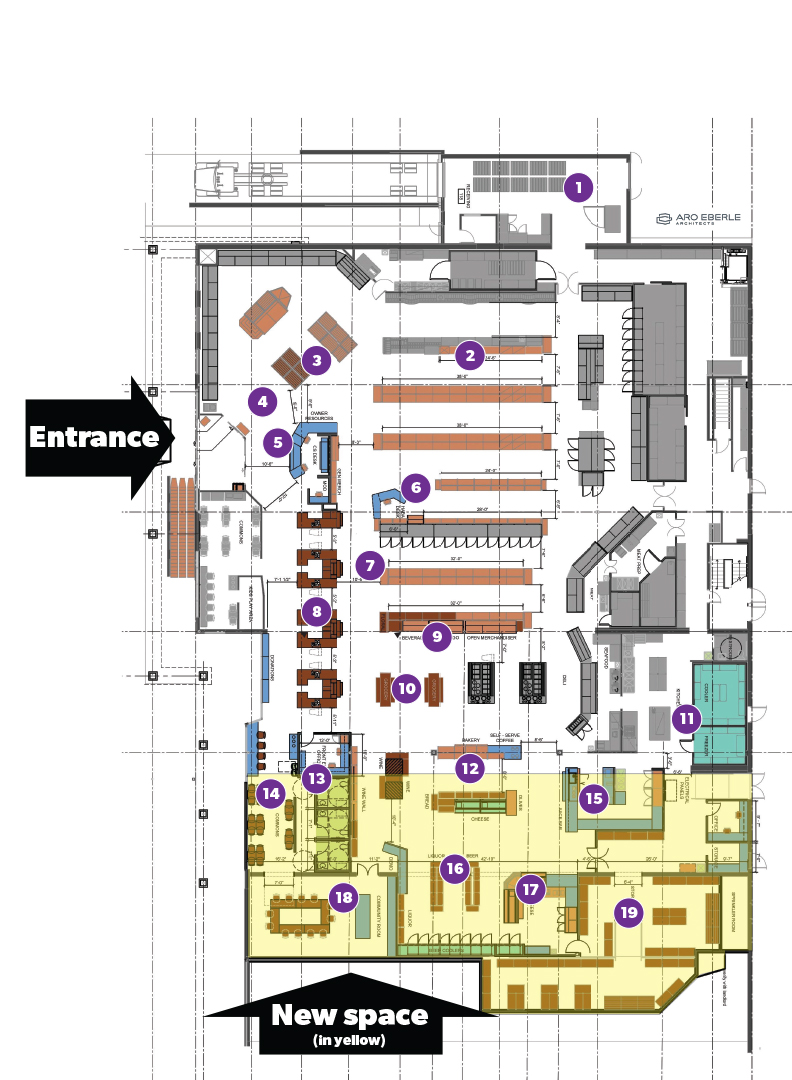 Blueprint-like plans for the expanded Willy Street West location, complete with numbers 1 thru 19 corresponding to points of improvement documented in an article.