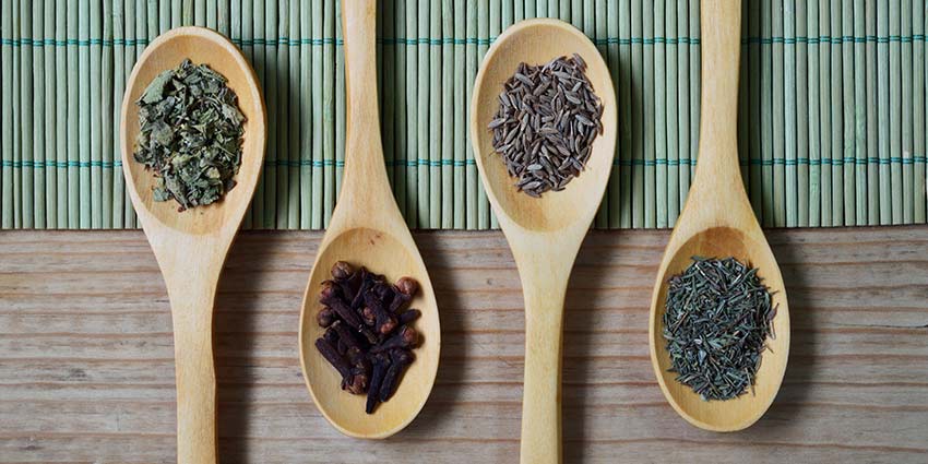 Wooden spoons with different spices in them