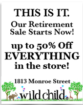 newpaper ad for Wild Child's retirement sale - up to 50% off everything in the store 