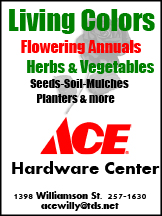 newspaper ad for ACE Hardware Center on Willy Street. Living Colors, Flowering Annuals, Herbs & Vegetables, Seeds, Soil, Mulches, Planters & More