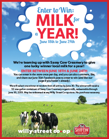 Enter to Win Milk for a Year! June 18th to June 24th via Willy St Co-op and Sassy Cow Creamery