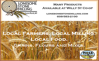 newspaper ad for Lonesome Stone Milling. Local Farmers, local milling, local food. lonesomestonemilling.com