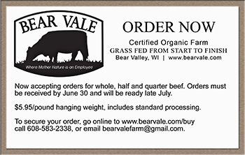 newspaper ad for Bear Vale, Certified Organic Farm in Bear Valley, Wisconsin. www.bearvale.com