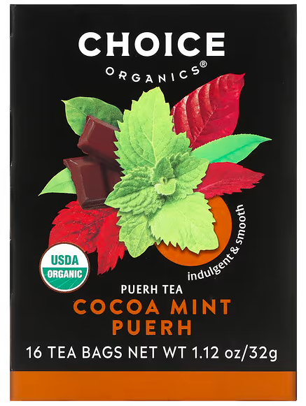 A box of Choice Organics cocoa mint puerh tea