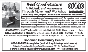 newspaper ad for a Feel Good Posture - A Feldendrais Awareness Through Movement Workshop - hosted by the Goodman Community Center