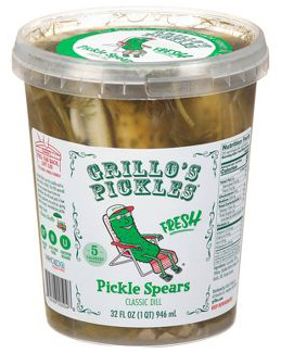 A container of Grillo's Pickles garlic dill spears