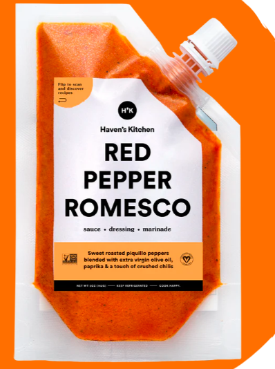 A pouch of Haven's Kitchen red pepper romesco sauce