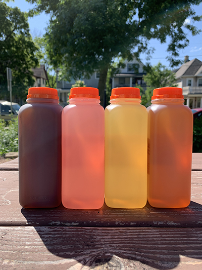 Four bottles of juice lined up on a picnic bench