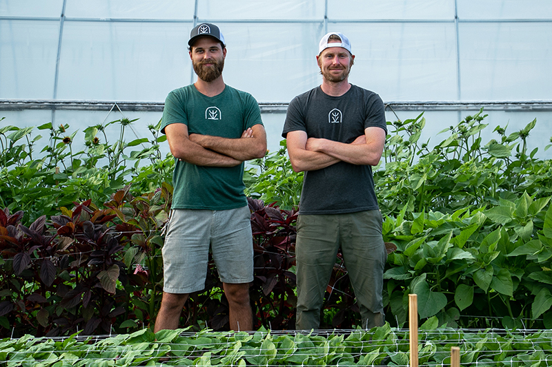 Shawn Kuhn and Tommy Stauffer of Vitruvian Farms standing in a greenhouse