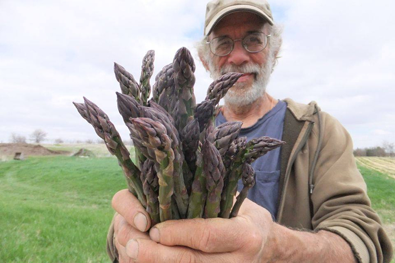 Steve Pincus of Tipi Produce holding asparagus close to the camera