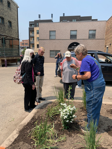 A group of older adults in a parking lot looking at a plot of plants