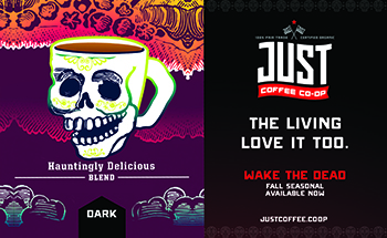 newspaper ad for JUST Coffee Co-op - The living love it too, referring to Wake the Dead, a hauntingly delicious blend