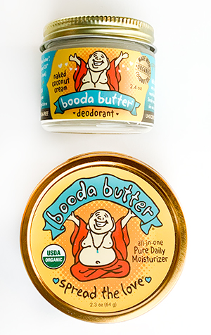 Two containers of Booda Butter deodorant and moisturizer 