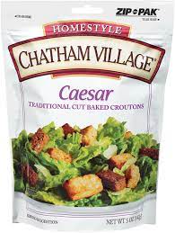 A bag of Chatham Village caesar salad croutons 