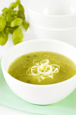 A green garlic and leek soup in a bowl