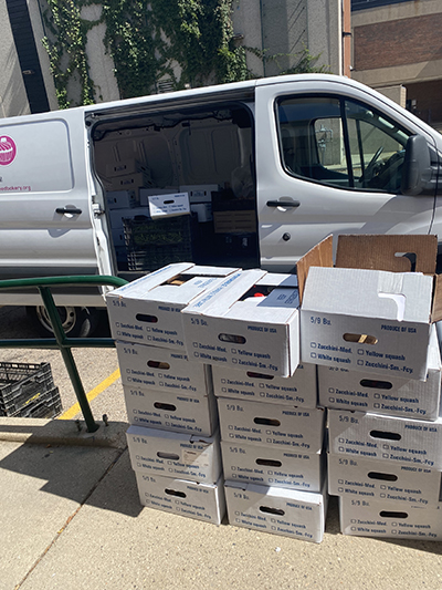 A van being filled with boxes of food