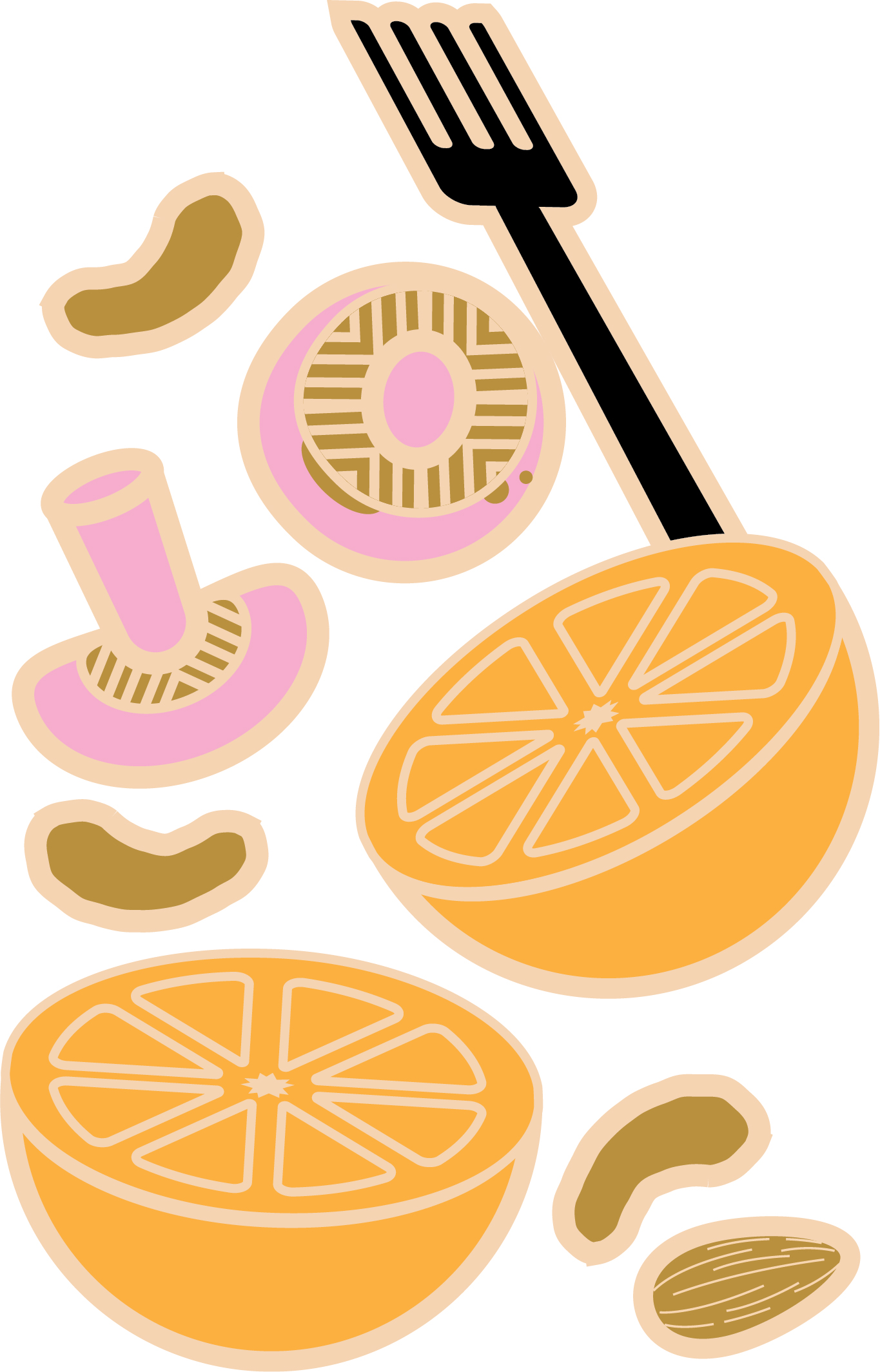 Mushrooms, nuts, oranges, and a fork illustration