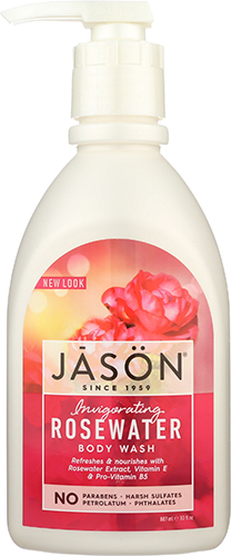 A pump bottle of Jasön rosewater body wash