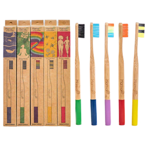 Packages of bamboo toothbrushes in a row