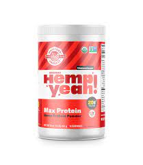 A canister of Manitoba hemp yeah protein powder