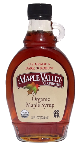 A bottle Maple Valley organic maple syrup