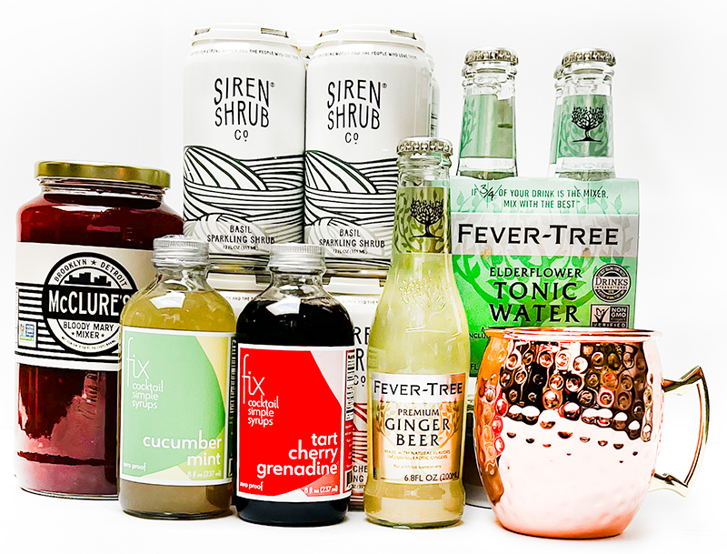 A grouping of different syrups, shrubs, drink mixes, and sodas