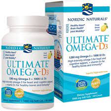 A bottle and box of Nordic Naturals Ultimate Omega D3 supplement