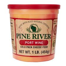 A container of Pine River port wine spreadable cheese