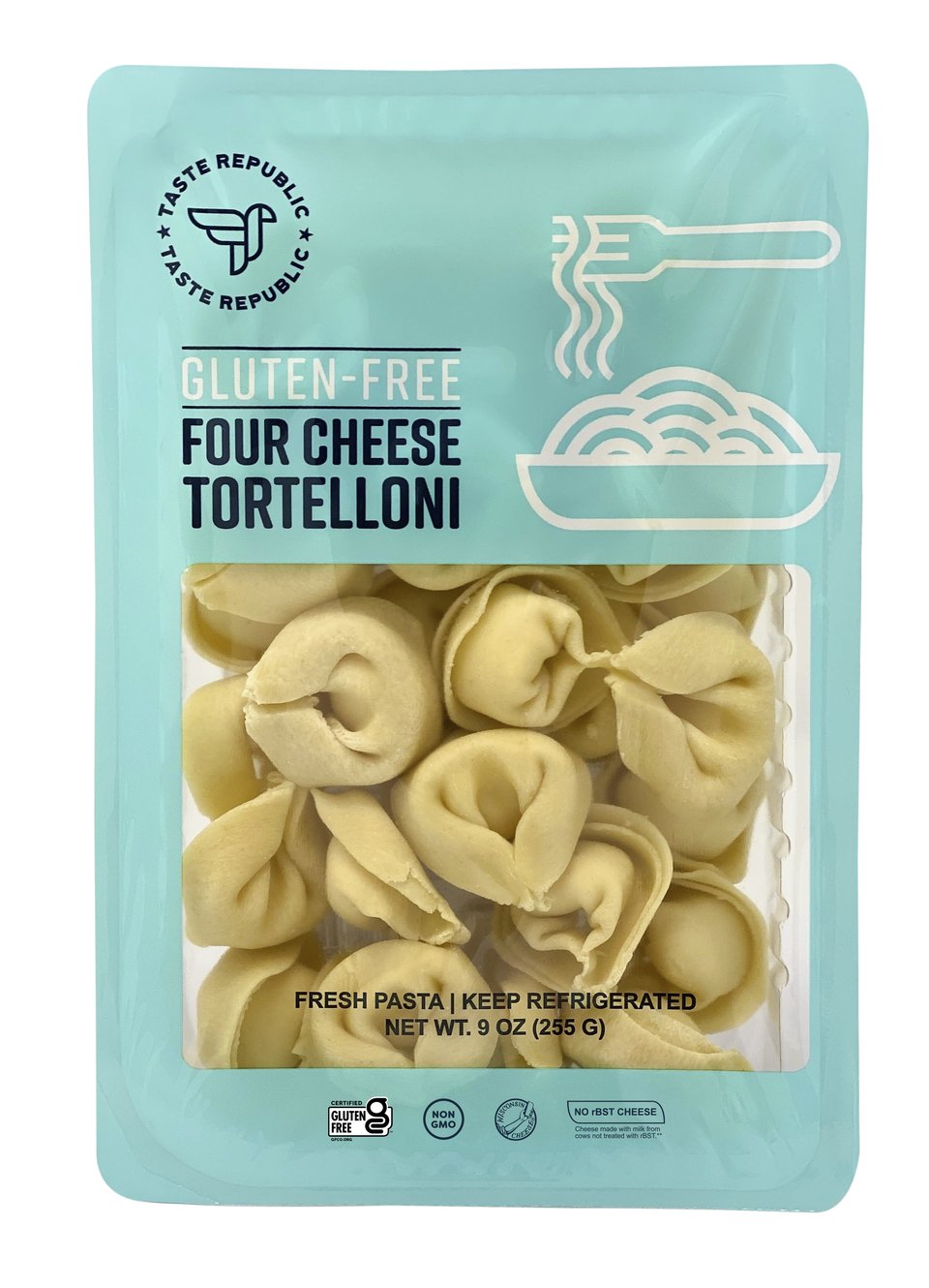 A package of Taste Republic gluten-free four cheese tortellini