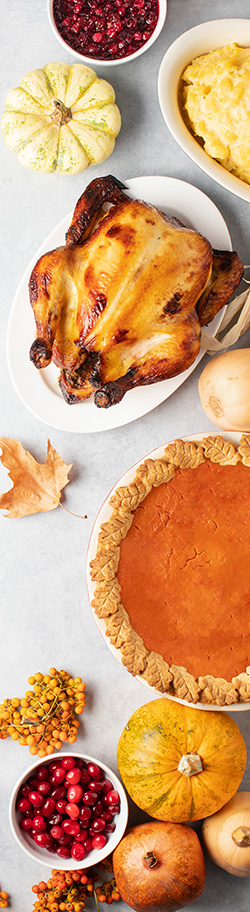 A roast turkey, pumpkin pie, cranberries, mashed potatoes, fall leaves and gourds 