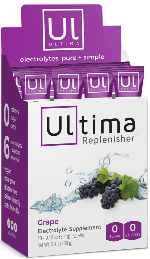 A box of Ultima grape electrolyte supplement packets