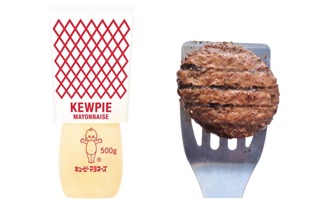 A jar of Kewpie Mayonnaise next to a Grass-fed Beef Burger patty