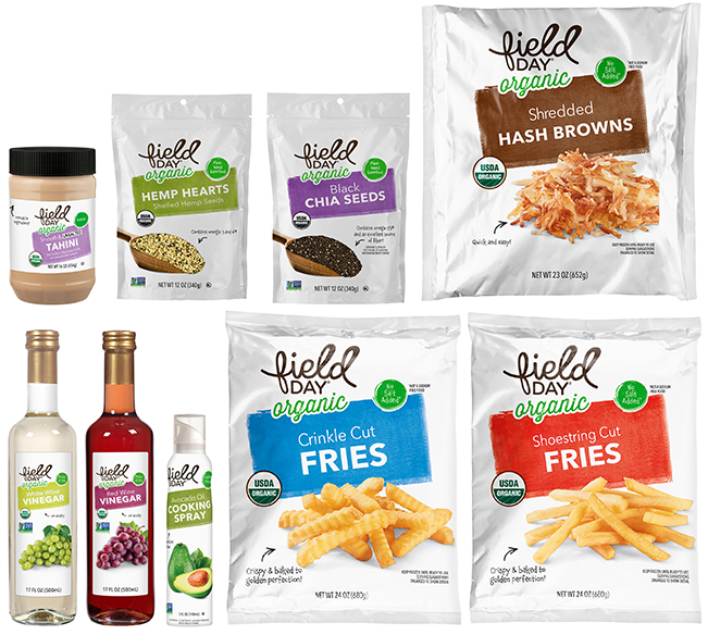 A series of products from Field Day Organic, including tahini, hemp hearts, chia seeds, has browns, white vinegar, red vinegar, cooking spray, and two types of fries 