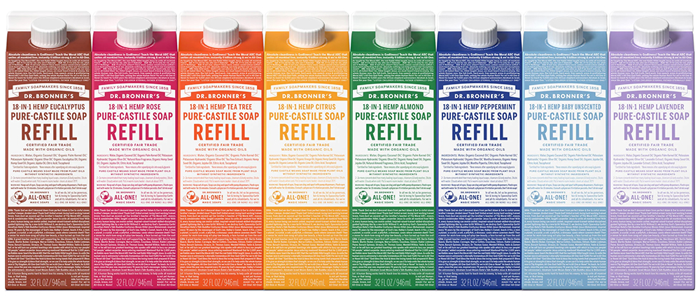 A rainbow of cartons for Dr. Bronner's Castile Soap 