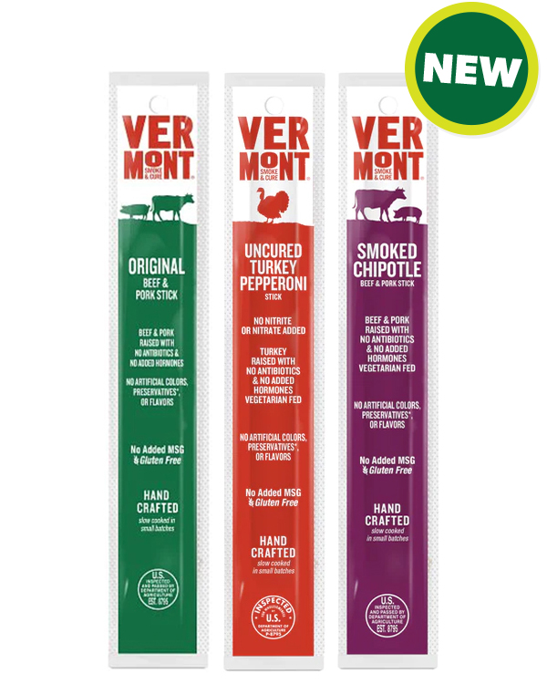 Vermont meat sticks product photo featuring Original, Uncured Turkey Pepperoni, and Smoked Chipotle