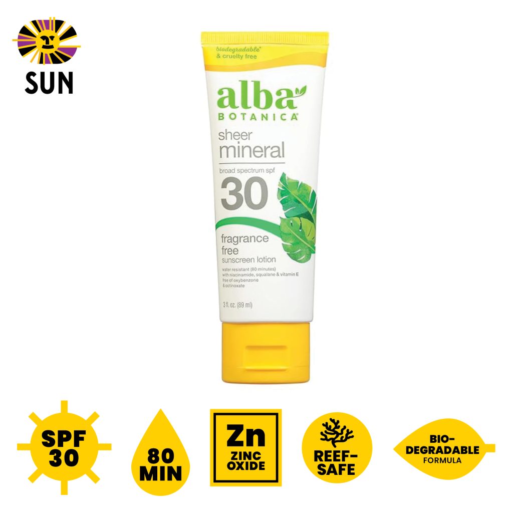 Alba Botanical SPF 30 Sheer Mineral Sunscreen, fragrance-free, 80 Min, Zinc oxide, Reef-safe, bio=degradable formula