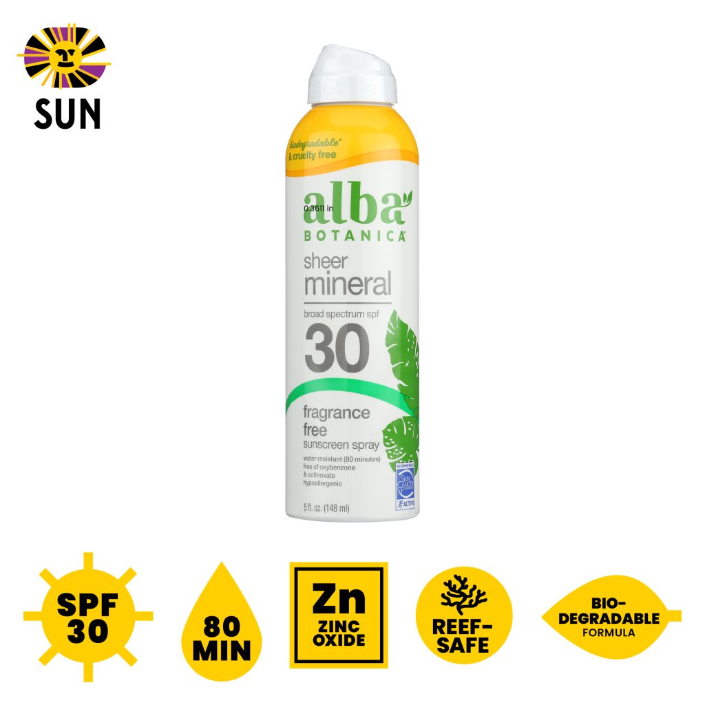 Alba Botanica SPF 30 Sheer Mineral Sunscreen spray, fragrance free, 80 min, zinc oxide, reef-safe, biodegradable formula