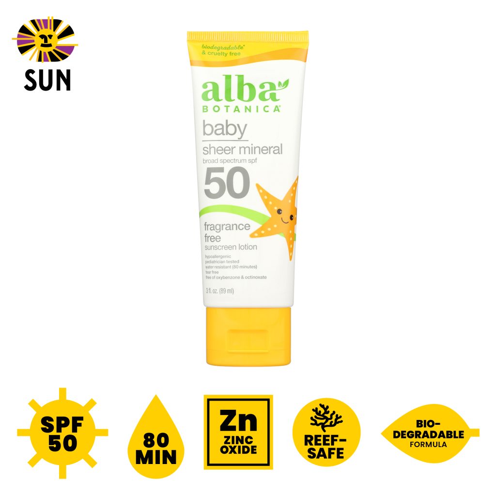 Alba Botanica SPF 50 Baby Sheer Mineral Sunscreen, fragrance-free, 80 min, zinc oxide, reef-safe, biodegradable formula