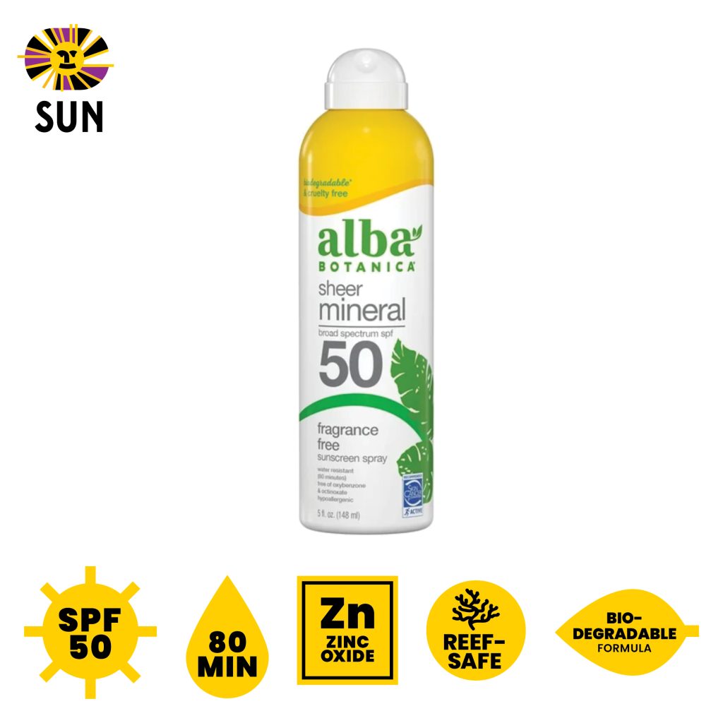 Alba Botanica SPF 50 Sheer Mineral Sunscreen Spray, fragrance-free, 80 min, zinc oxide, reef-safe, biodegradable formula