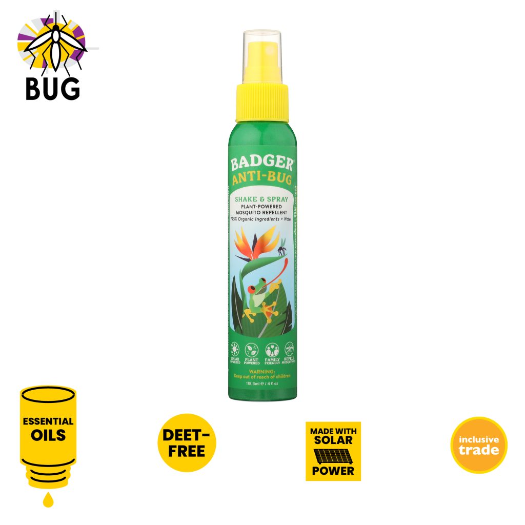 Badger Anti Bug Shake and Spray, essential oils, DEET-free, made with solar power, inclusive trade