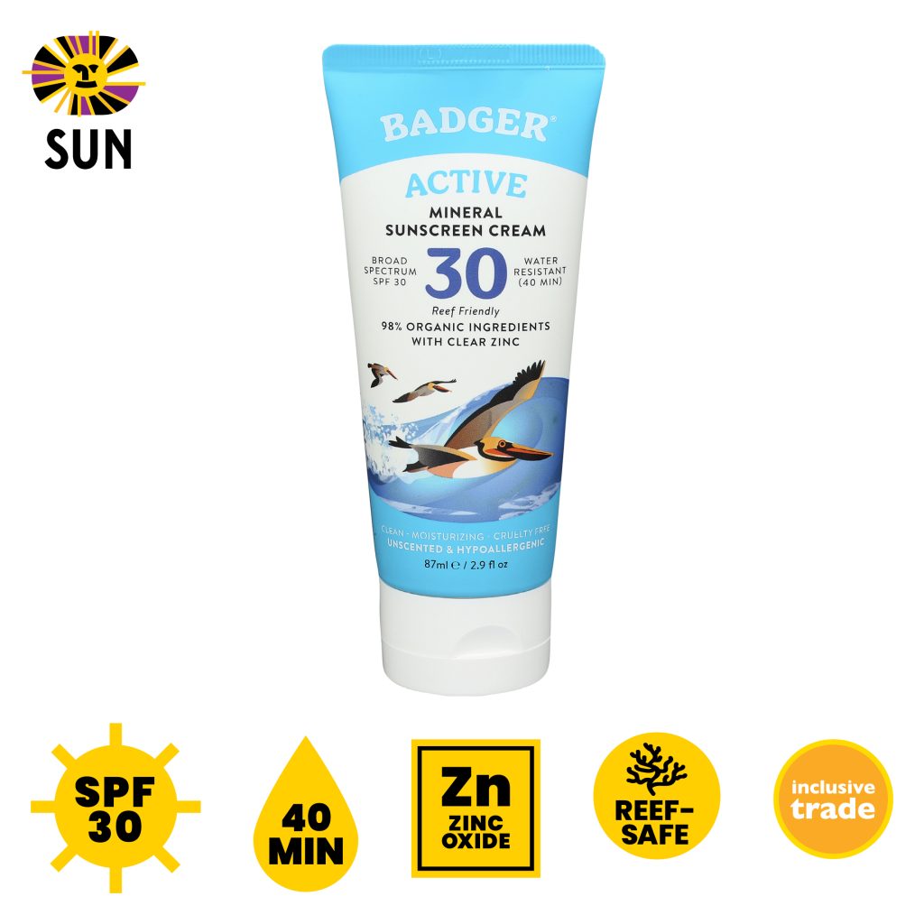 Badger SPF 30 Active Mineral Sunscreen, unscented, 40 min, zinc oxide, reef-safe, inclusive trade