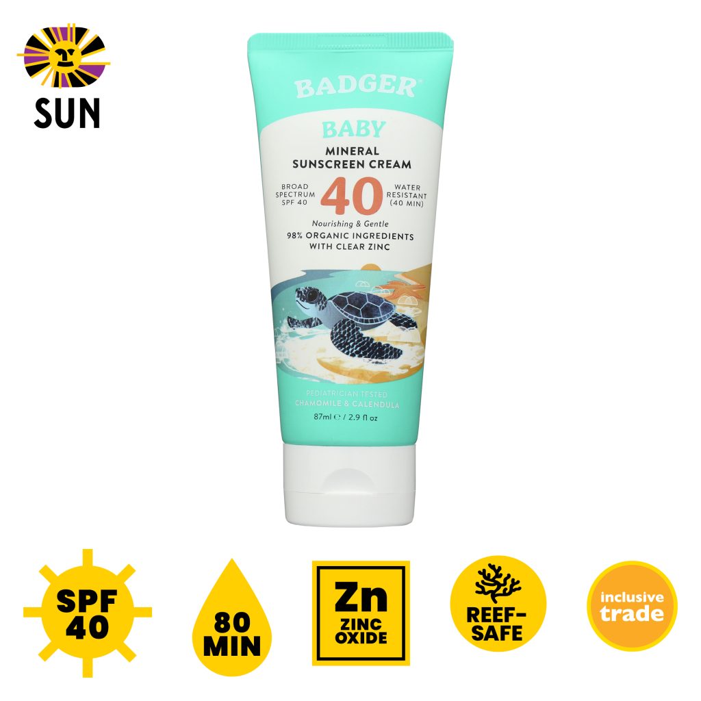 Badger SPF 40 Baby Mineral Sunscreen, chamomile calendula, 80 min, zinc oxide, reef-safe, inclusive trade